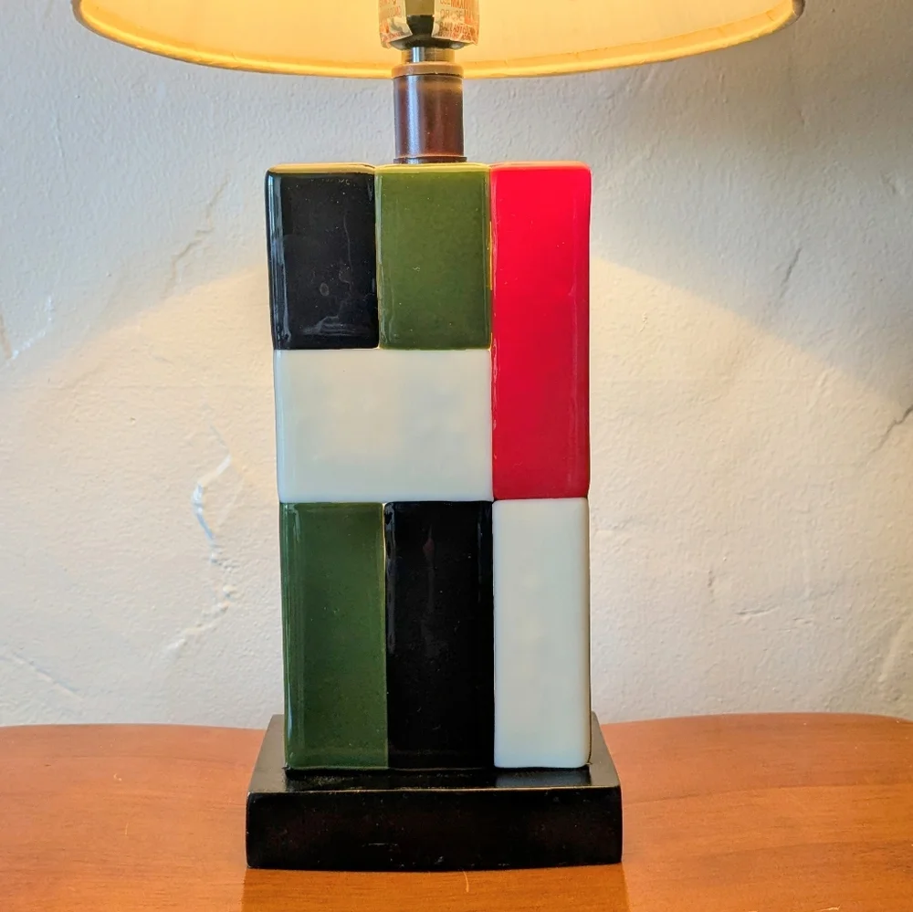 OOAK Fused Glass Artist Lamp - Mid Century Modern Geometric - Wood Base